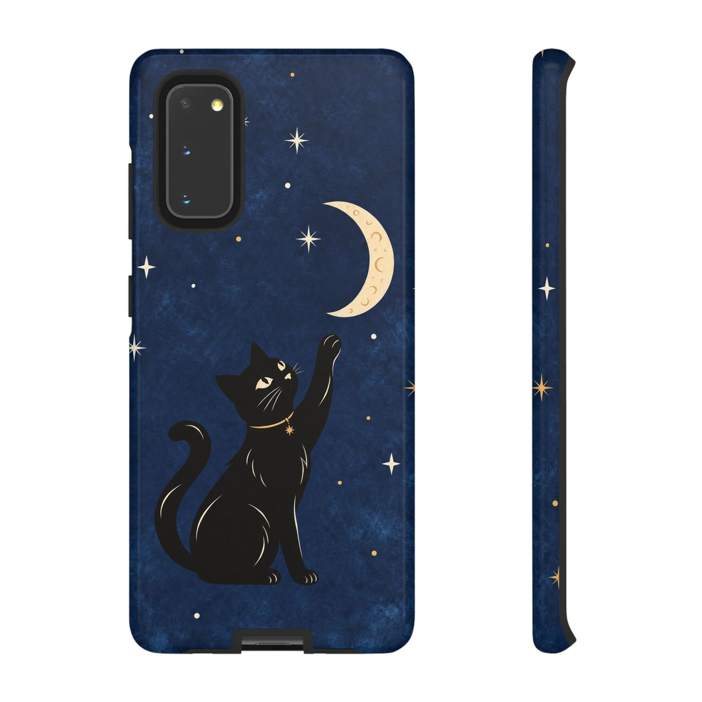Whimsical Navy Blue Celestial Black Cat Phone Case