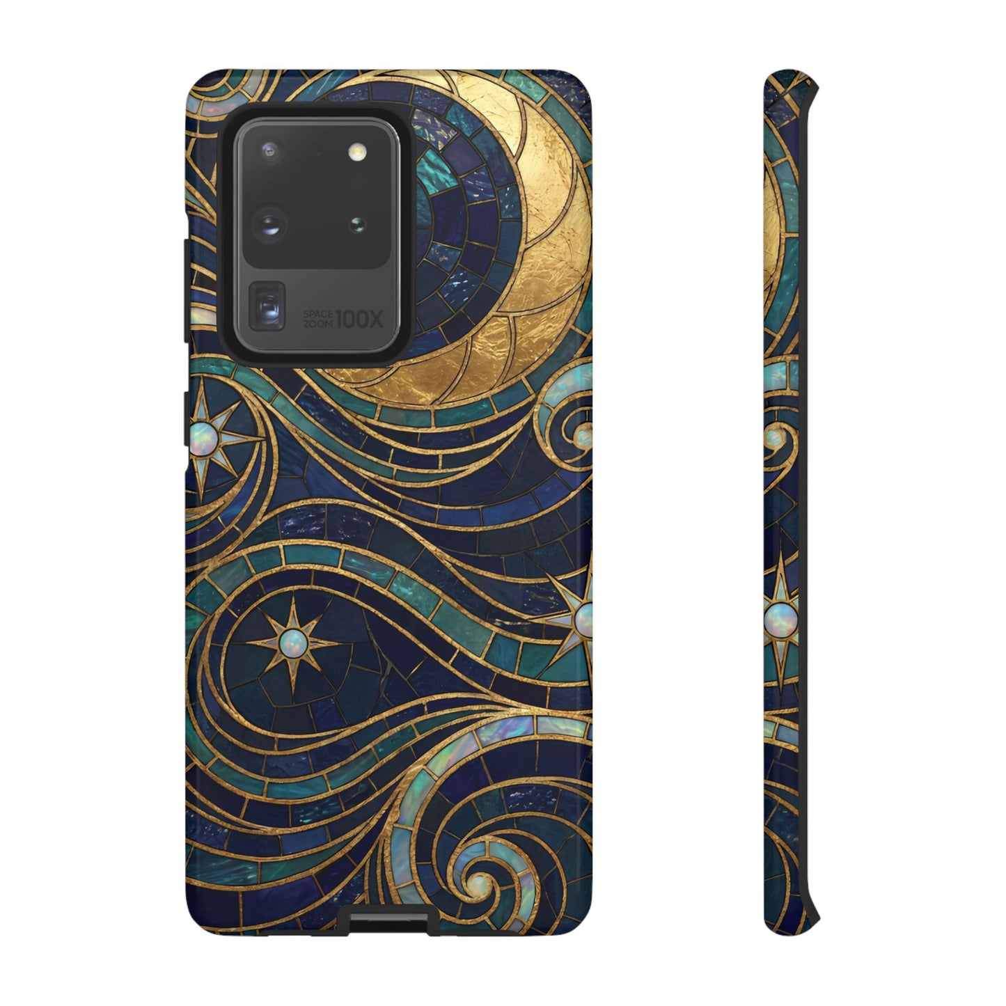 Elegant Navy & Gold Crescent Moon Mosaic Phone Case
