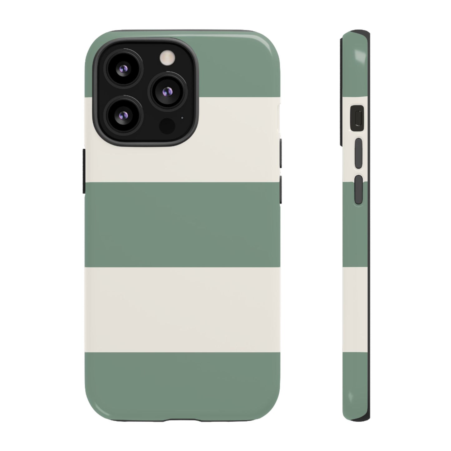 iPhone 13 Pro / Glossy Phone Case - Green & White Horizontal Stripe Pattern Phone Case