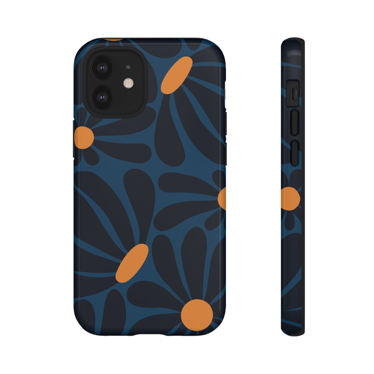 Dark Blue & Orange Daisy Pattern Phone Case - Blue Phone Case - iPhone 12 Mini / Glossy