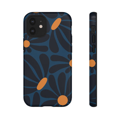 Dark Blue & Orange Daisy Pattern Phone Case - Blue Phone Case - iPhone 12 Mini / Glossy