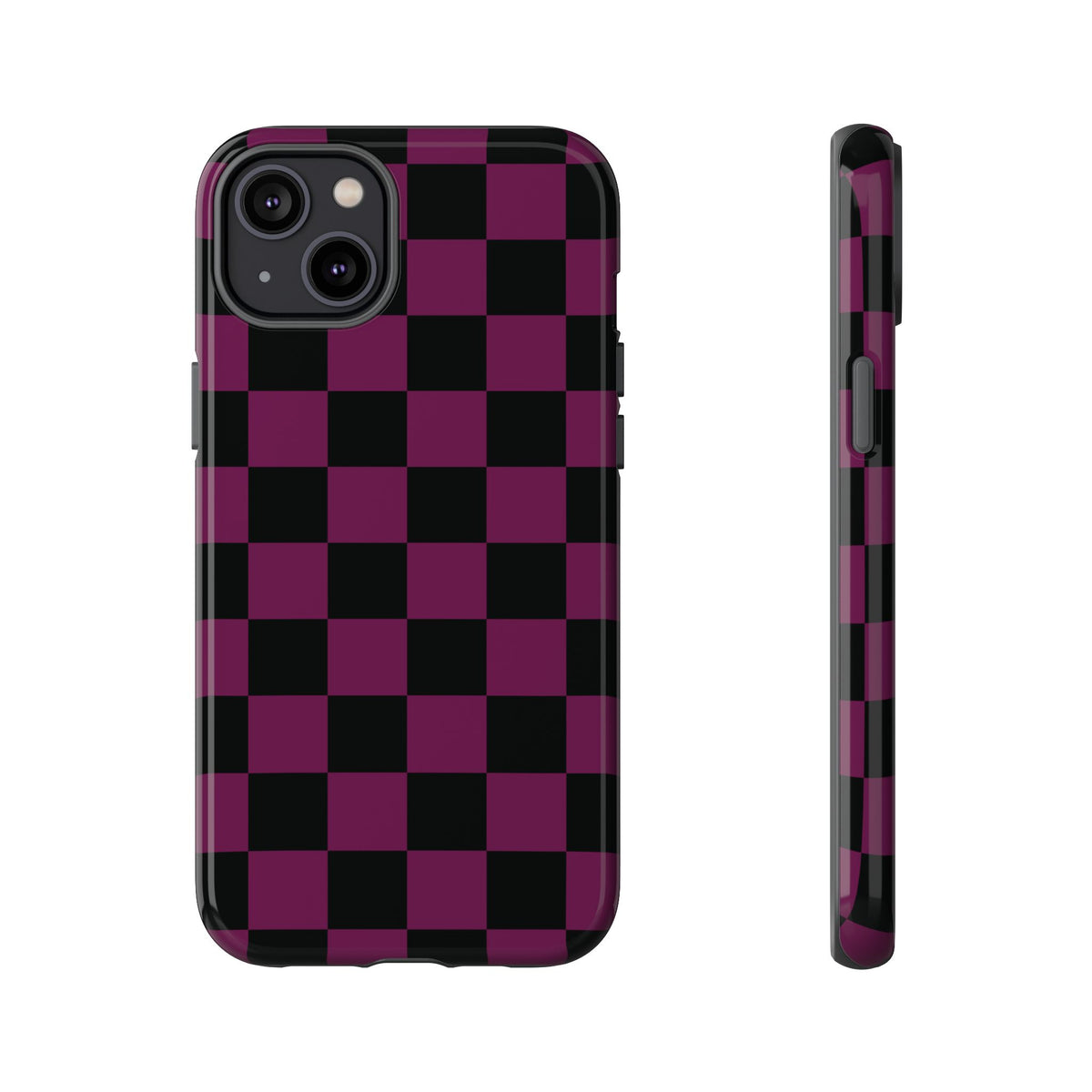 Trendy Plum & Black Checked Pattern Phone Case - Purple Phone Case - iPhone 14 Plus / Glossy