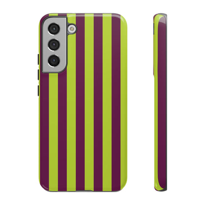 Samsung Galaxy S22 Plus / Glossy Phone Case - Trendy Neon Lime Green & Plum Stripe Pattern Phone Case