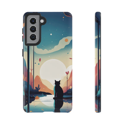 Samsung Galaxy S21 / Glossy Phone Case - Stylised Cat & Moon Design Phone Case