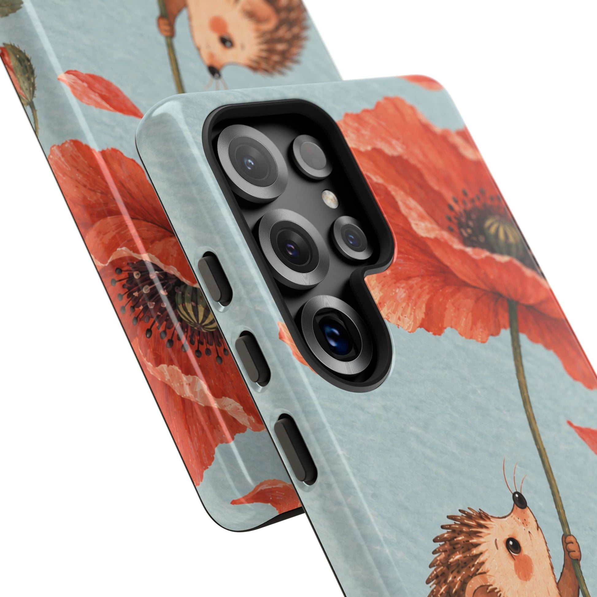 Whimsical Pale Blue Hedgehog and Poppy Phone Case - Blue Phone Case