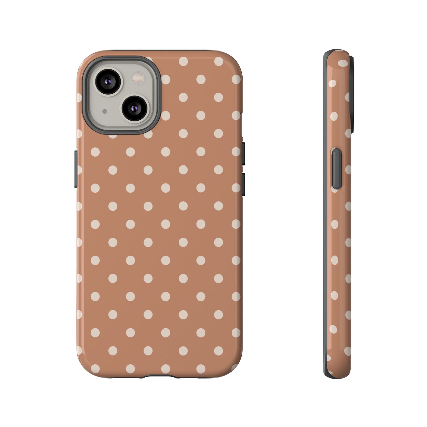 iPhone 14 / Glossy Phone Case - Brown with White Dot Pattern Phone Case