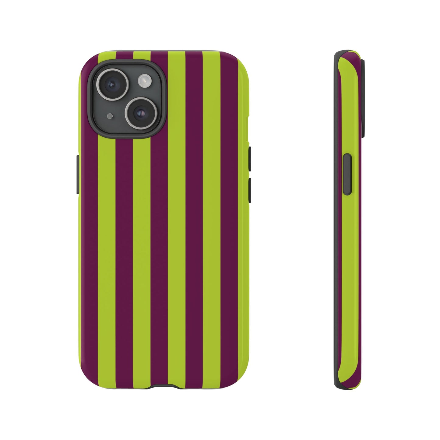 iPhone 15 / Glossy Phone Case - Trendy Neon Lime Green & Plum Stripe Pattern Phone Case