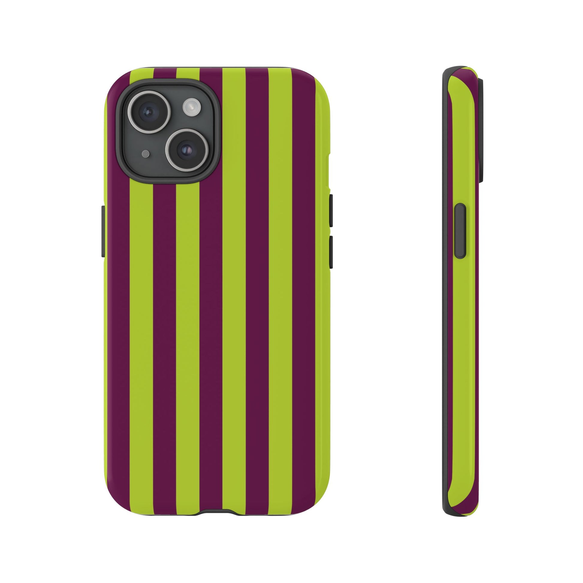 Trendy Neon Lime Green & Plum Stripe Pattern Phone Case - Green Phone Case - iPhone 15 / Glossy