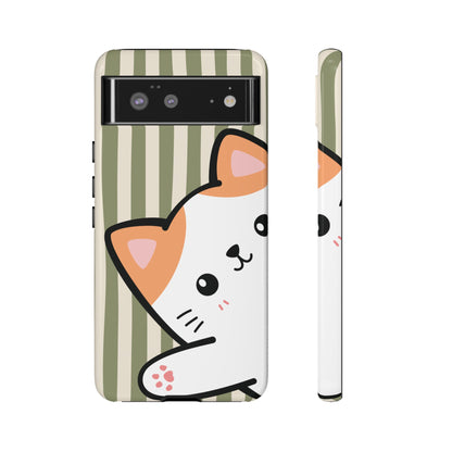 Google Pixel 6 / Glossy Phone Case - Peakaboo Cat with Green Stripe Pattern Phone Case