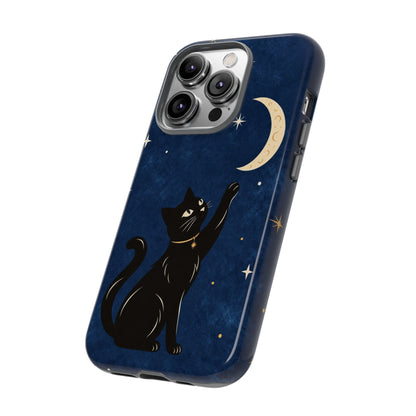 Whimsical Navy Blue Celestial Black Cat Phone Case
