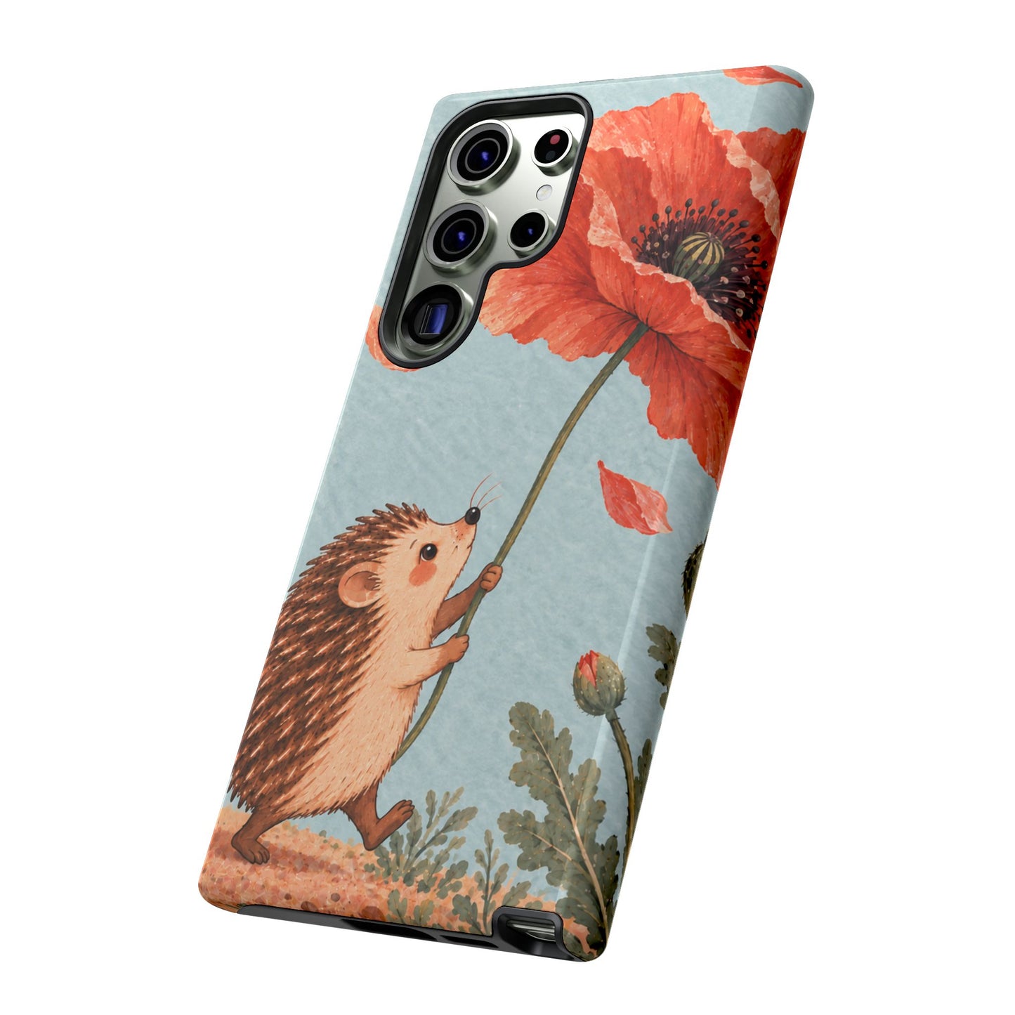 Whimsical Pale Blue Hedgehog and Poppy Phone Case - Blue Phone Case