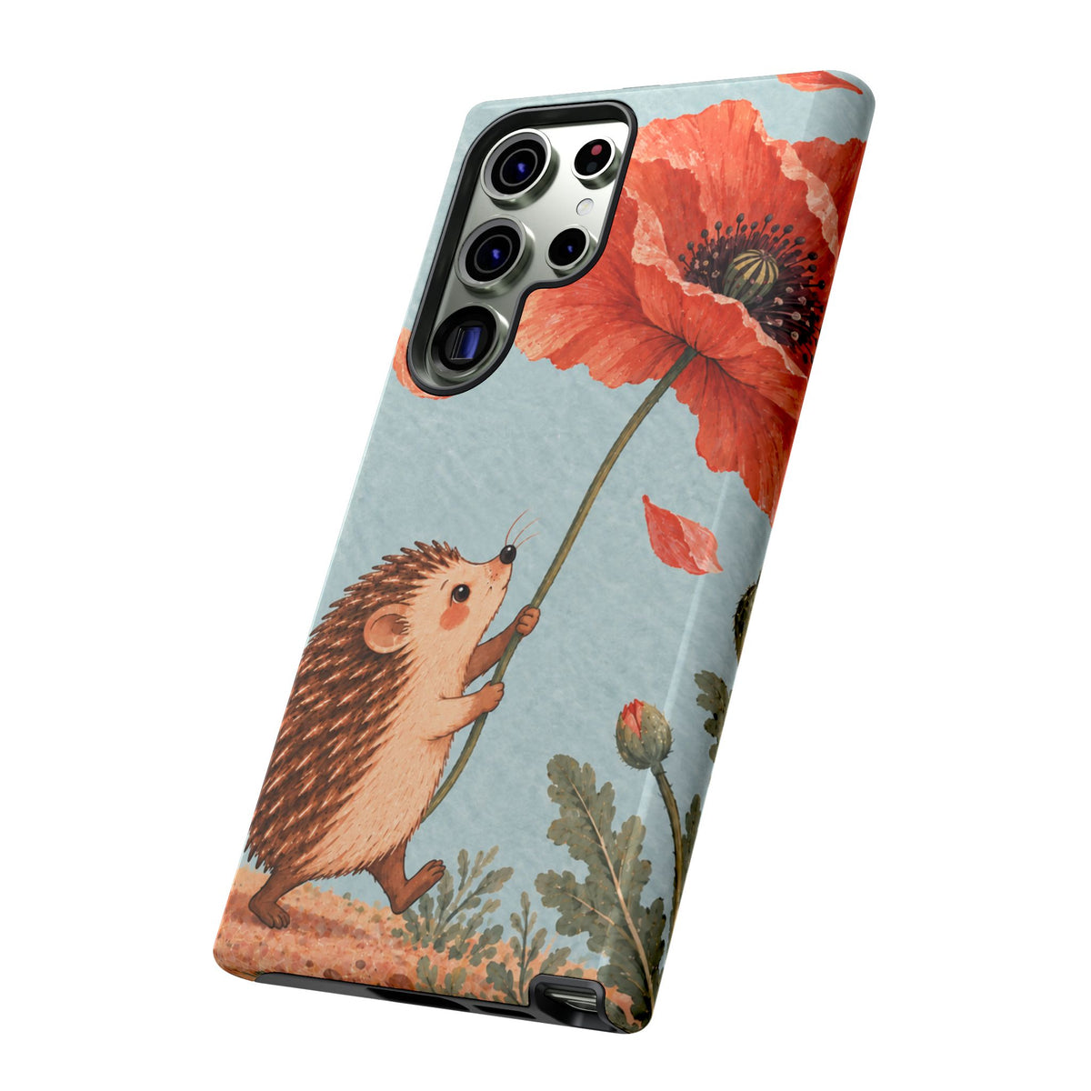 Whimsical Pale Blue Hedgehog and Poppy Phone Case - Blue Phone Case