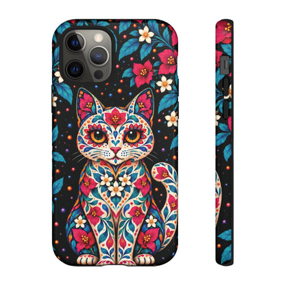 Vibrant Pink and Turquoise Calavera Cat Phone Case - Multicolor Phone Case - iPhone 12 Pro / Glossy