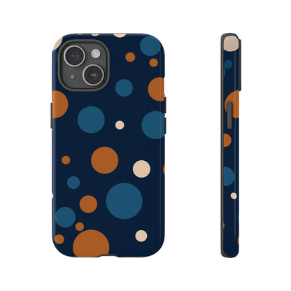 iPhone 15 / Glossy Phone Case - ’Bold Navy Blue & Orange / White Dot Pattern’ Phone Case