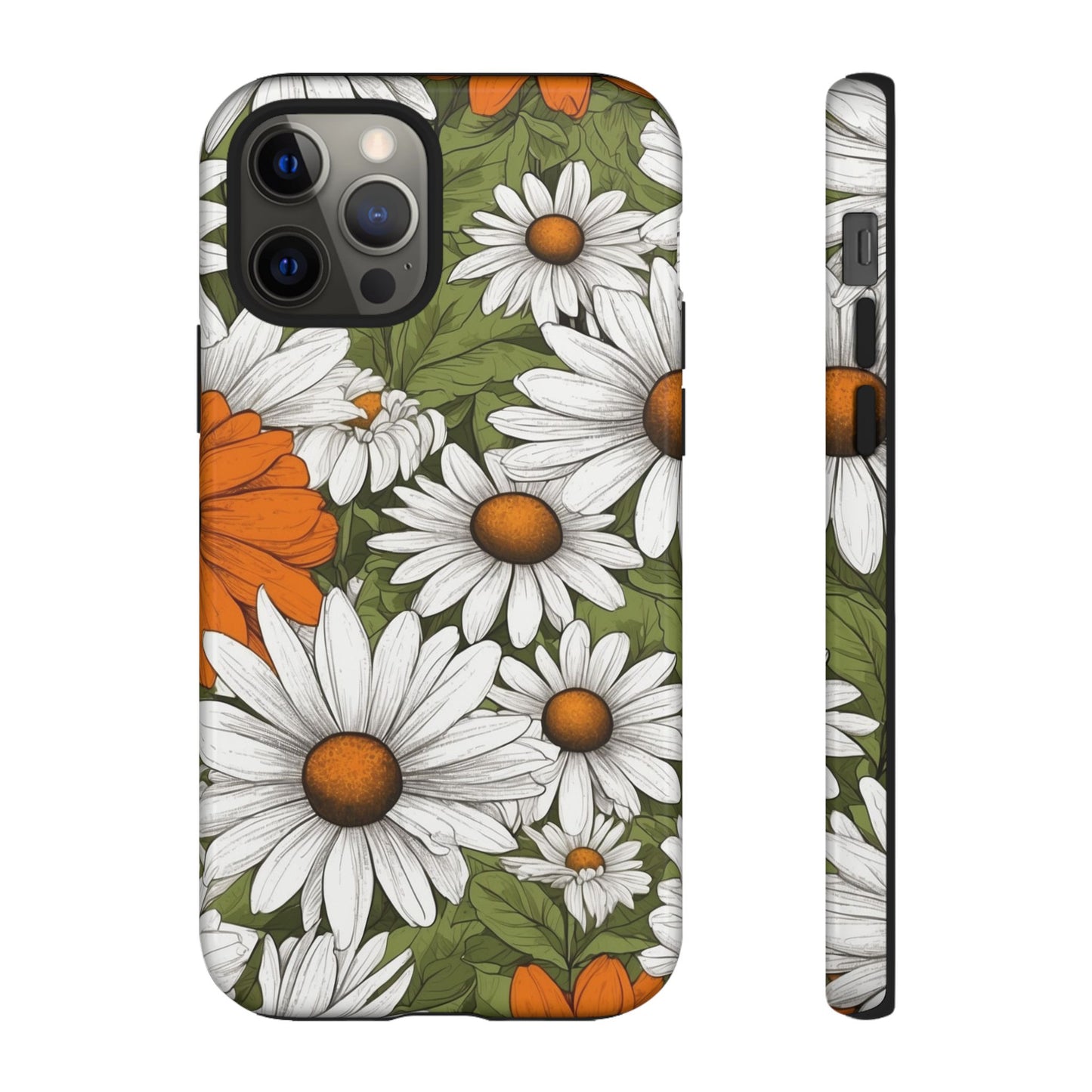 iPhone 12 Pro / Glossy Phone Case - Boho Chic Daisies Floral Pattern ’White Orange & Green’ Phone Case