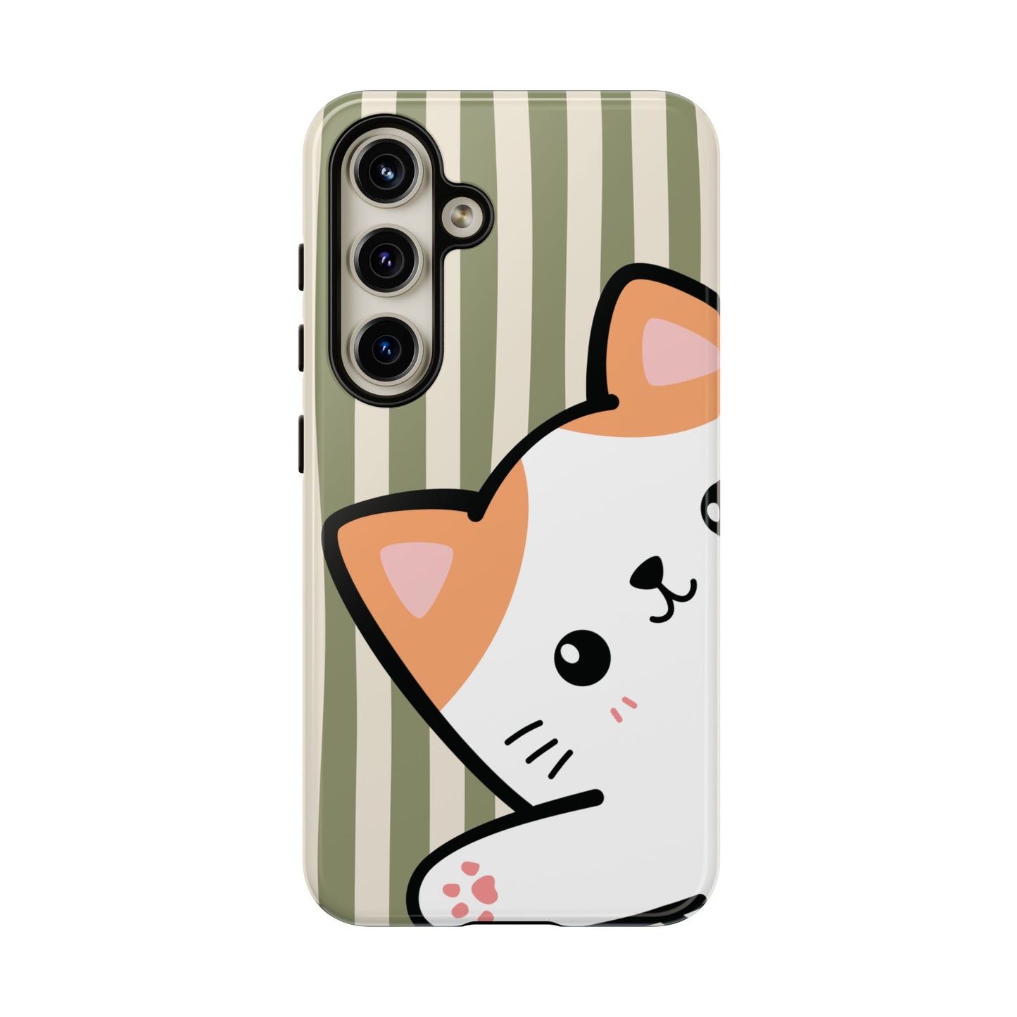 Samsung Galaxy S24 / Glossy Phone Case - Peakaboo Cat with Green Stripe Pattern Phone Case