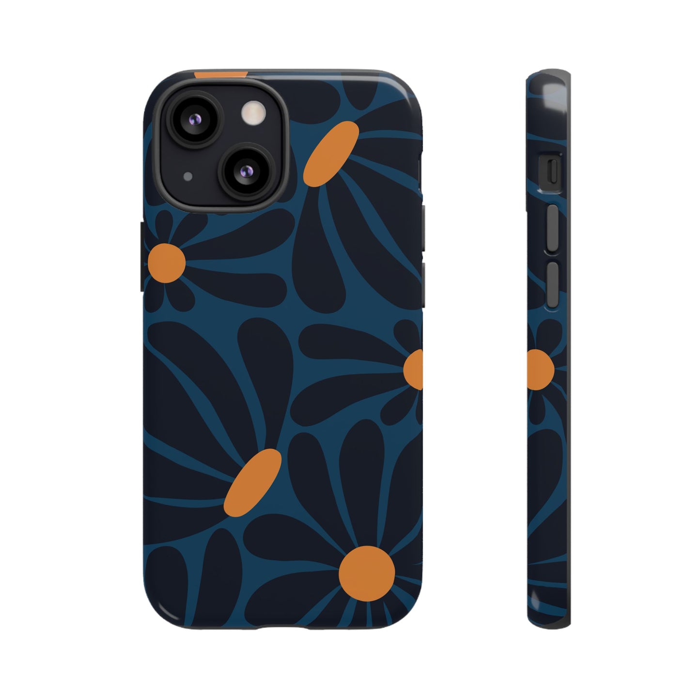 iPhone 13 Mini / Glossy Phone Case - ’Dark Blue & Orange Daisy Pattern’ Phone Case