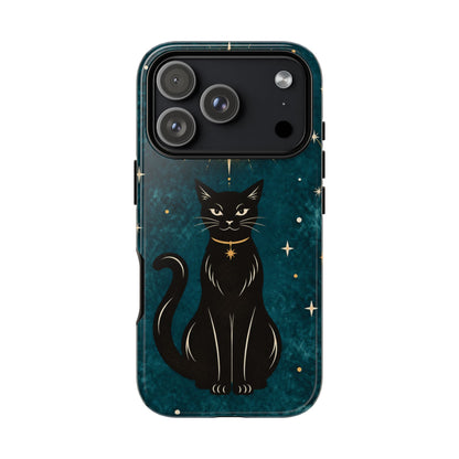 Whimsical Teal Celestial Black Cat Phone Case