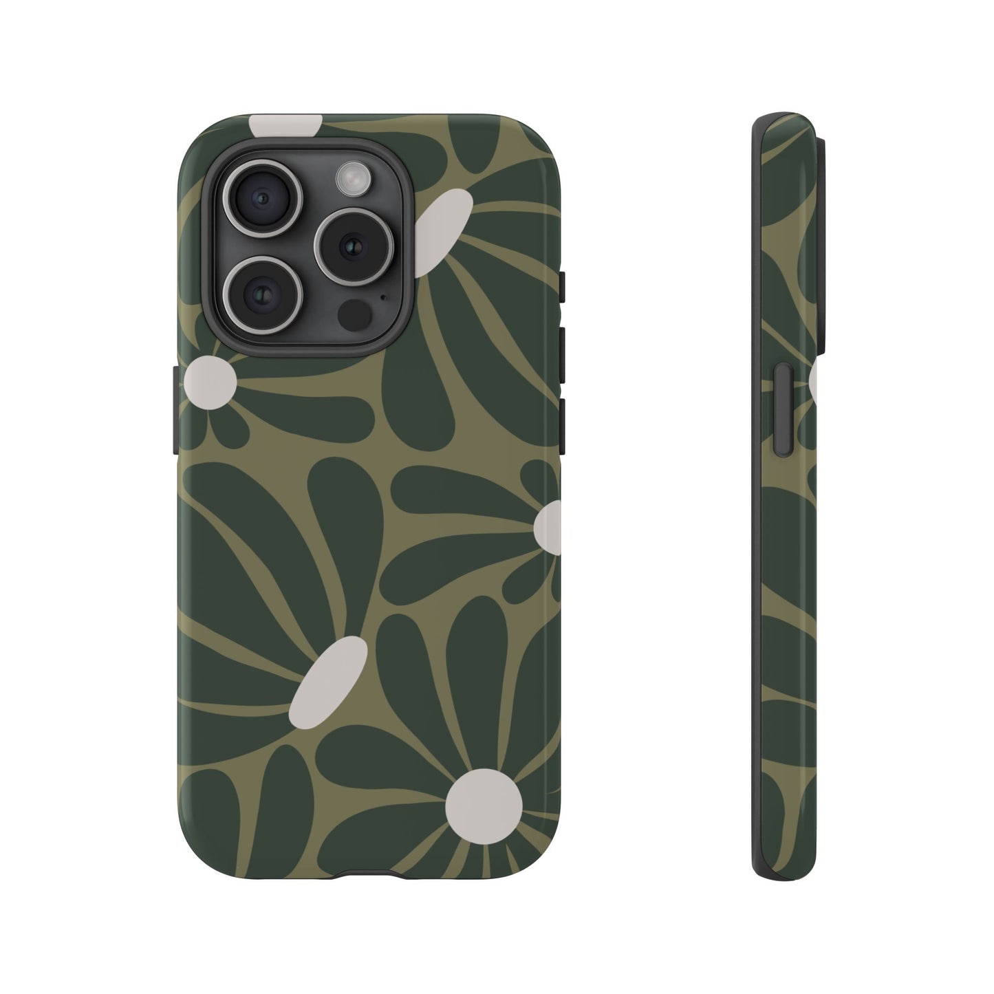 iPhone 15 Pro / Glossy Phone Case - ’Retro Olive Green Daisy Pattern’ Phone Case