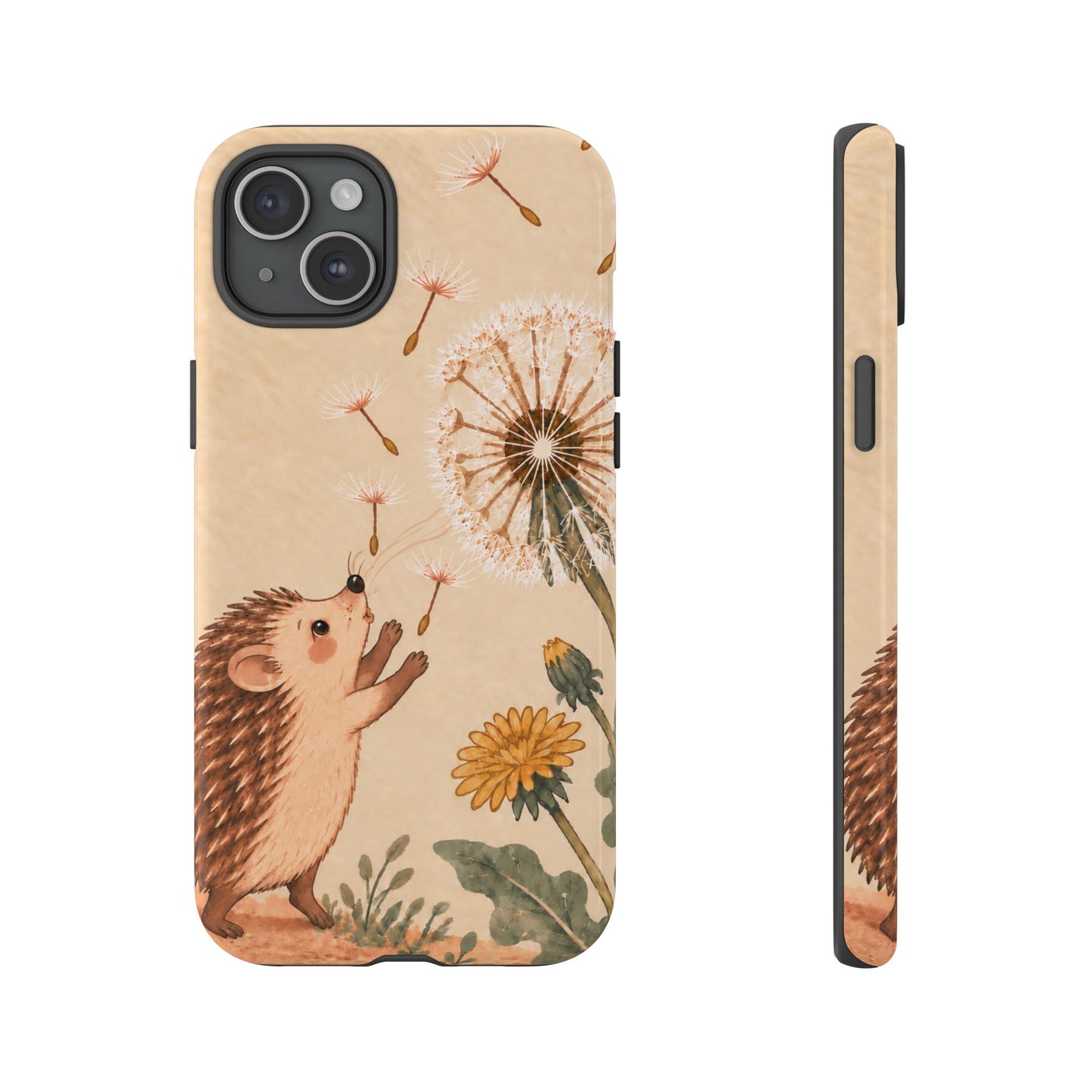 Whimsical Cream Hedgehog and Dandelion Phone Case - White Phone Case - iPhone 15 Plus / Glossy