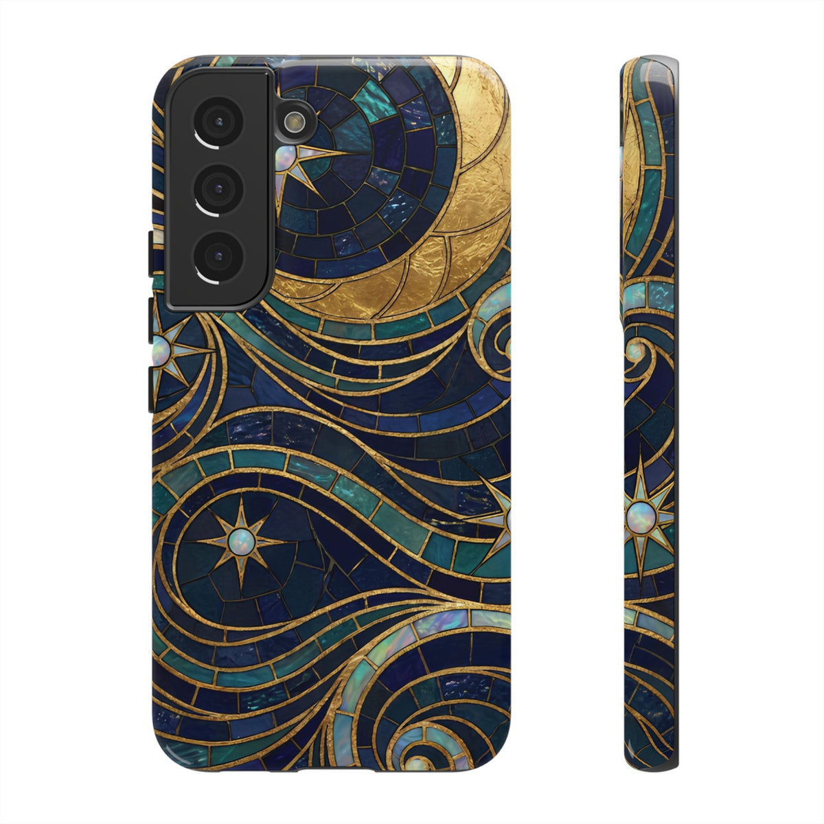 Elegant Navy & Gold Crescent Moon Mosaic Phone Case