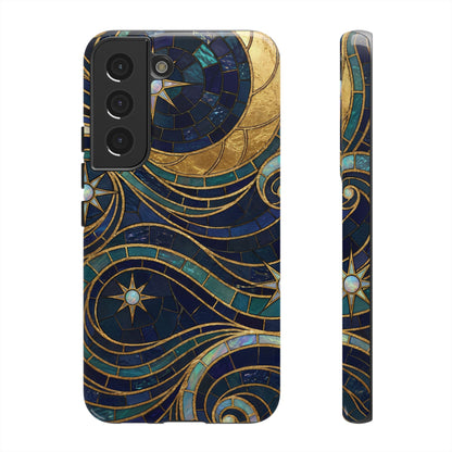 Elegant Navy & Gold Crescent Moon Mosaic Phone Case