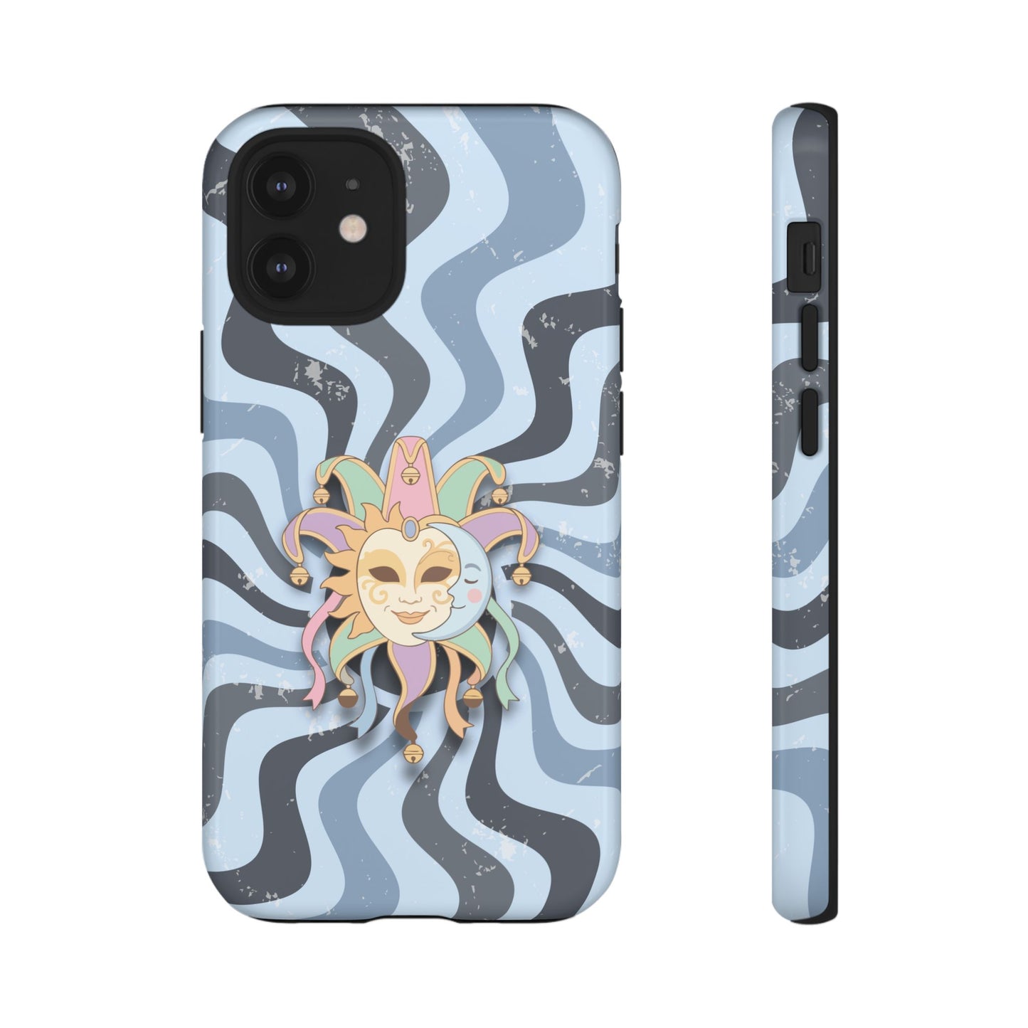 iPhone 12 Mini / Glossy Phone Case - Sun & Moon Jester Mask – Blue Retro Wave Phone Case