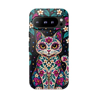 Vibrant Purple and Teal Calavera Cat Phone Case - Multicolor Phone Case - Google Pixel 9 Pro / Glossy