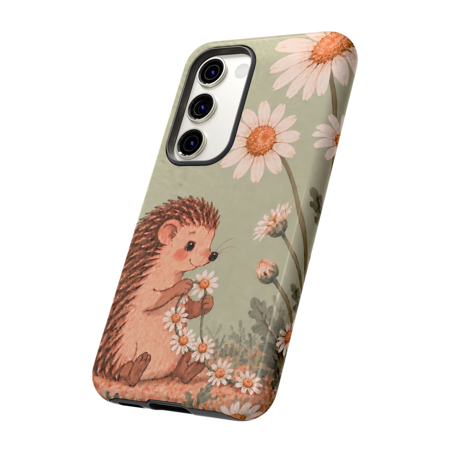Whimsical Sage Green Hedgehog and Daisy Chain Phone Case - Green Phone Case