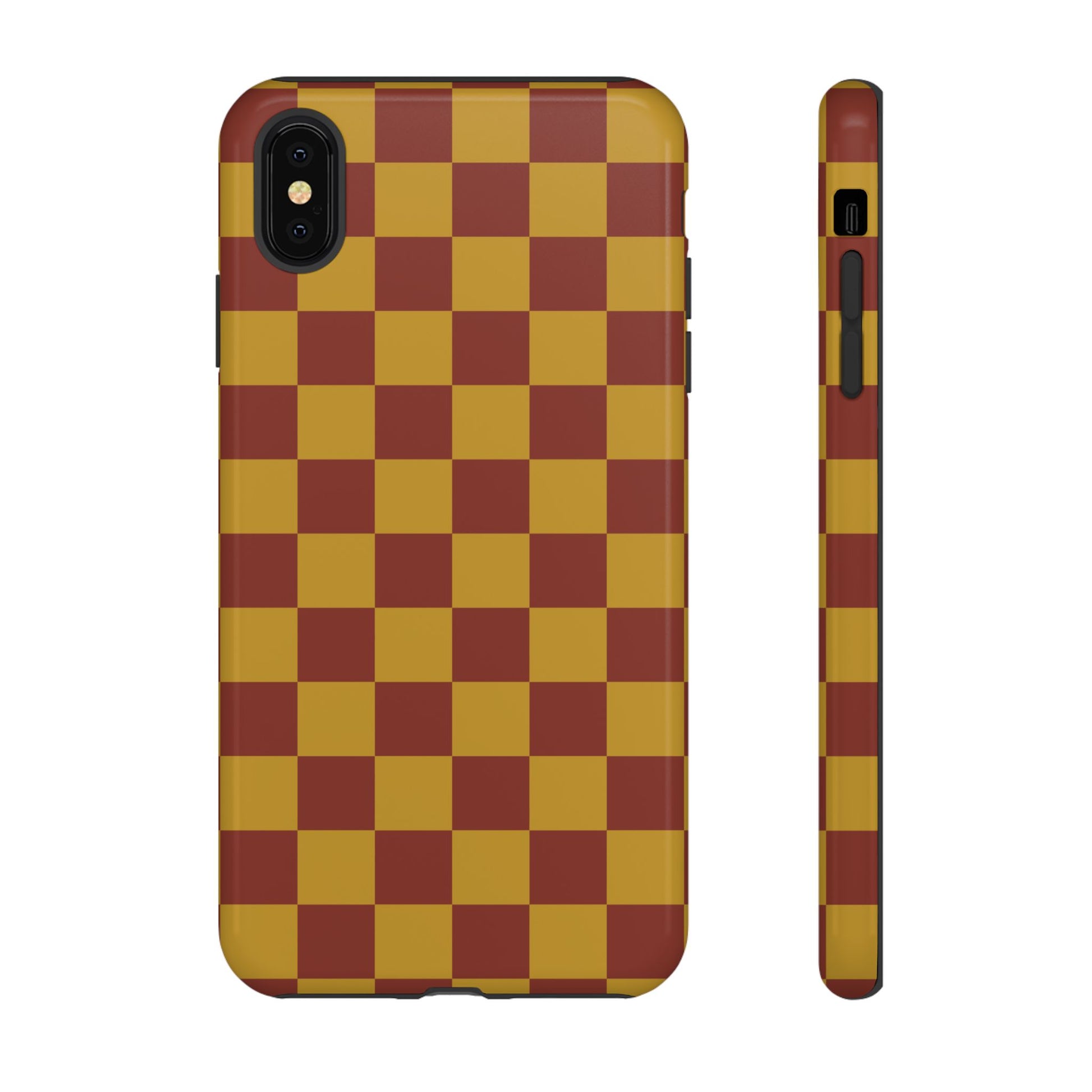 iPhone XS MAX / Glossy Phone Case - Trendy Mustard & Burgandy Checked Pattern Phone Case