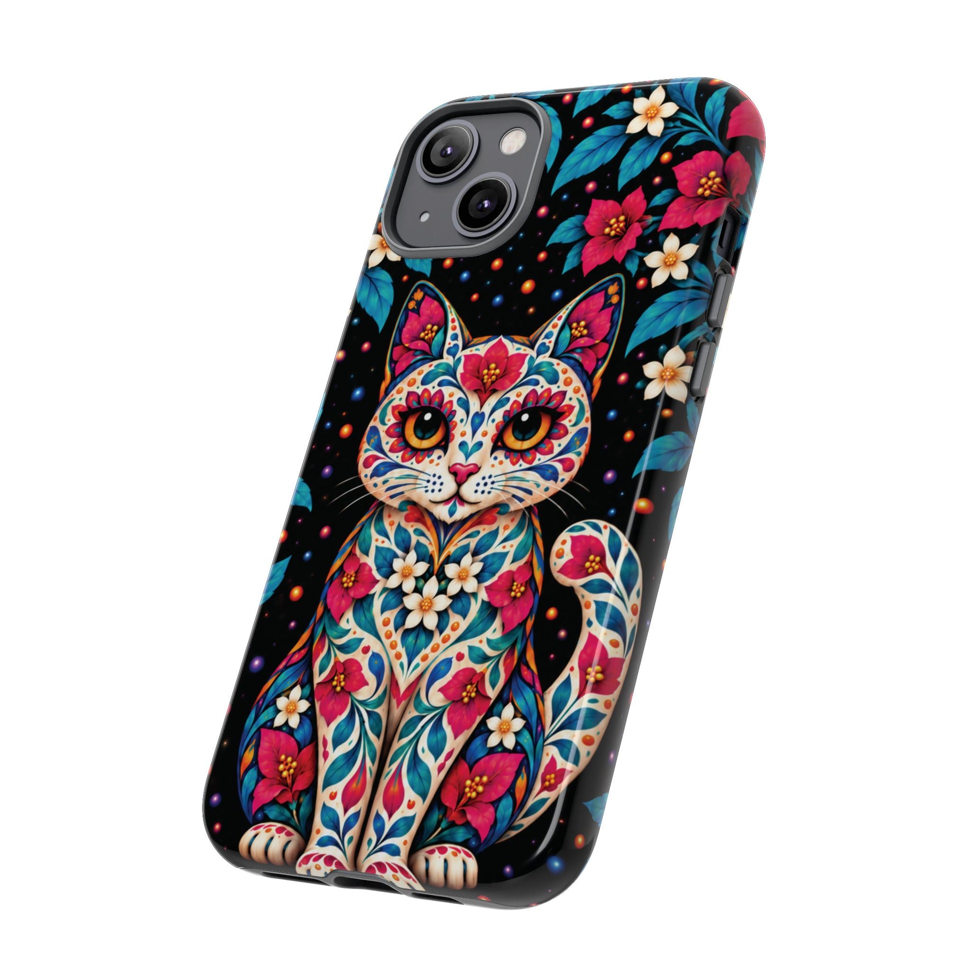 Vibrant Pink and Turquoise Calavera Cat Phone Case - Multicolor Phone Case
