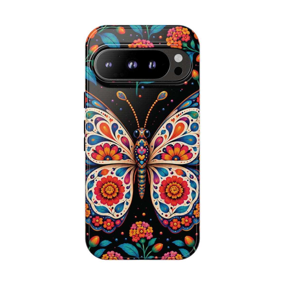 Vibrant Orange and Turquoise Calavera Butterfly Phone Case - Multicolor Phone Case - Google Pixel 9 Pro / Glossy