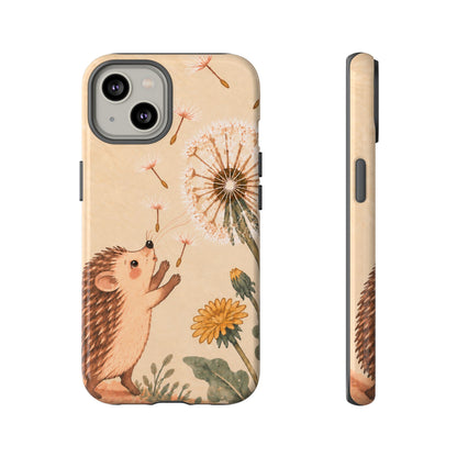 Whimsical Cream Hedgehog and Dandelion Phone Case - White Phone Case - iPhone 14 / Glossy