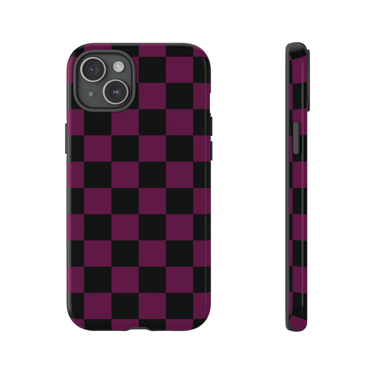Trendy Plum & Black Checked Pattern Phone Case - Purple Phone Case - iPhone 15 Plus / Glossy