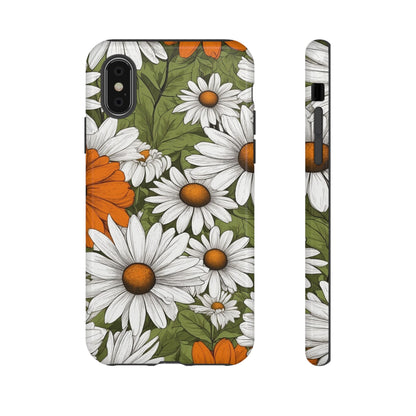 iPhone XS / Glossy Phone Case - Boho Chic Daisies Floral Pattern ’White Orange & Green’ Phone Case