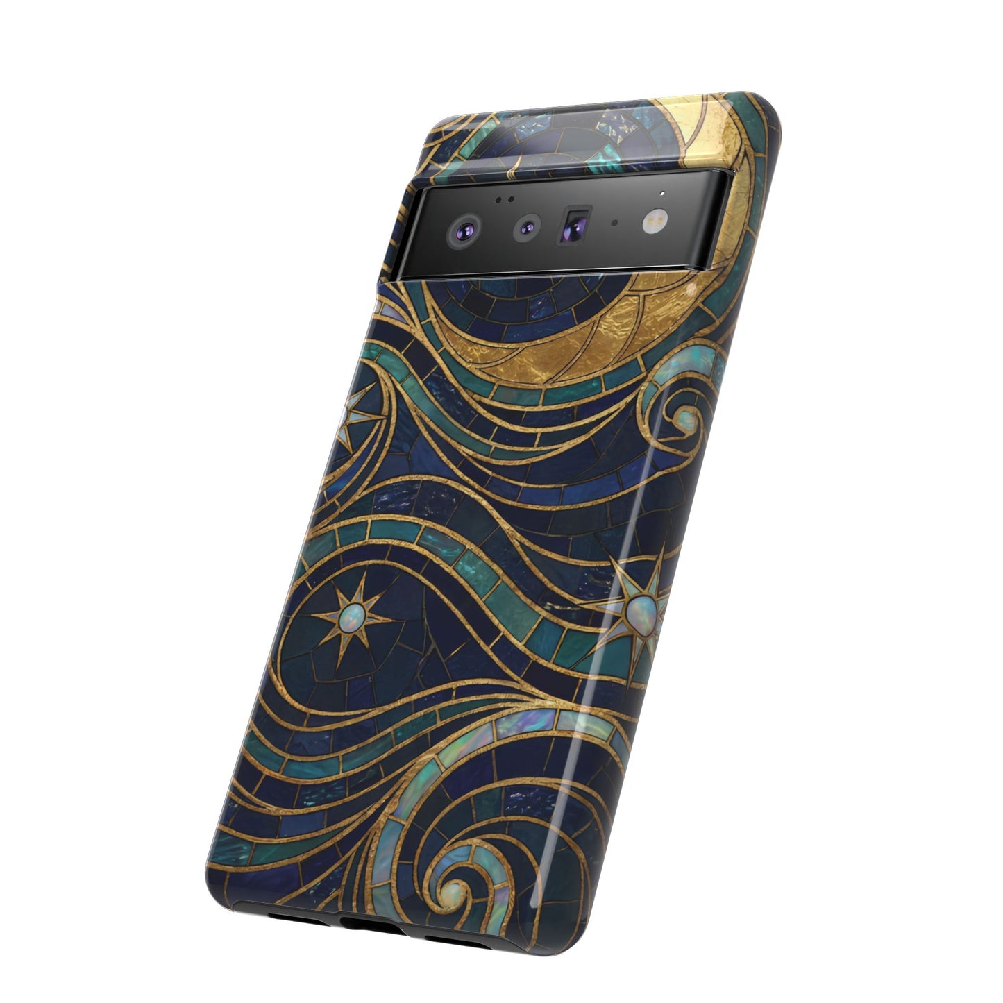 Elegant Navy & Gold Crescent Moon Mosaic Phone Case