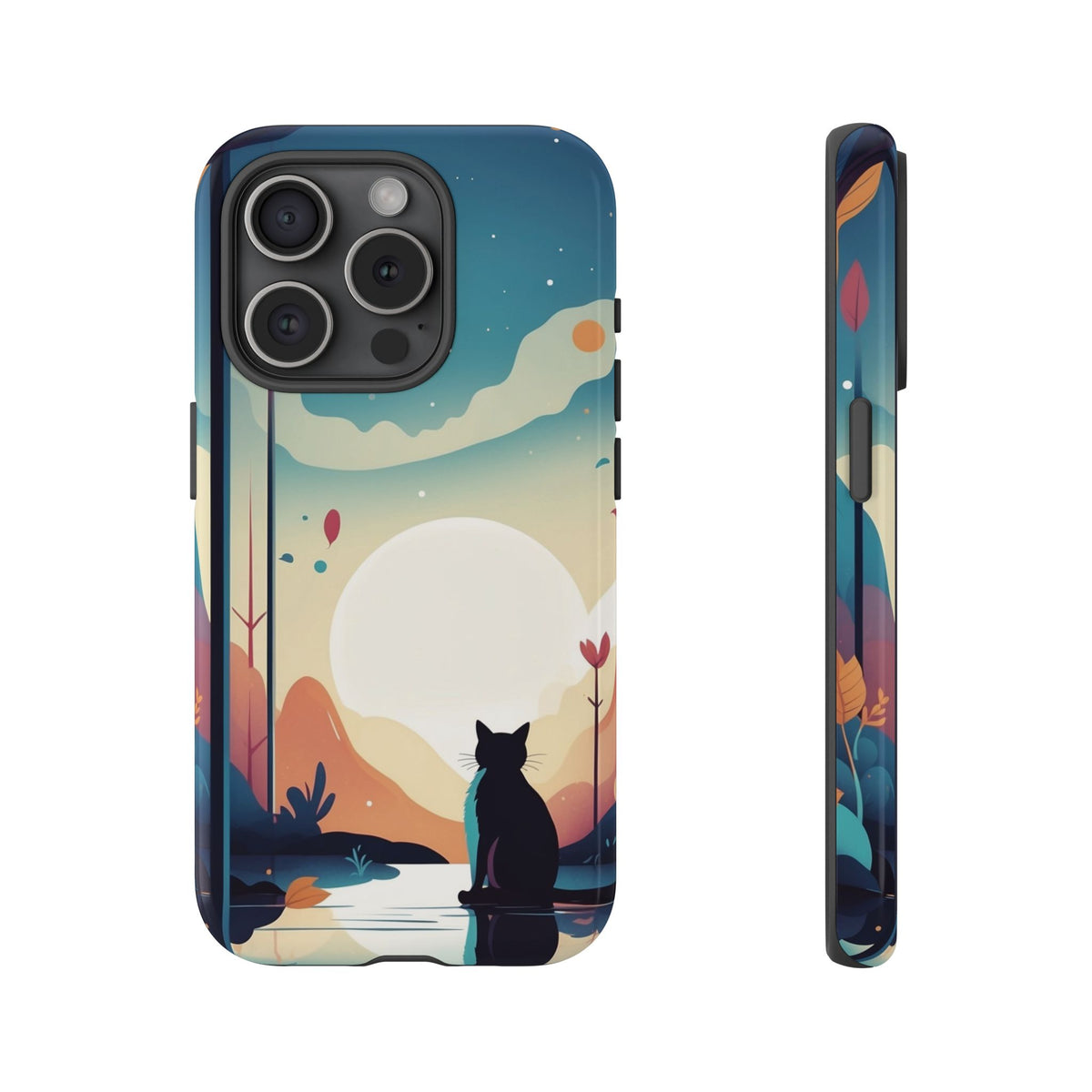 Stylised Cat & Moon Design Phone Case - Multicolor Phone Case - iPhone 15 Pro / Glossy