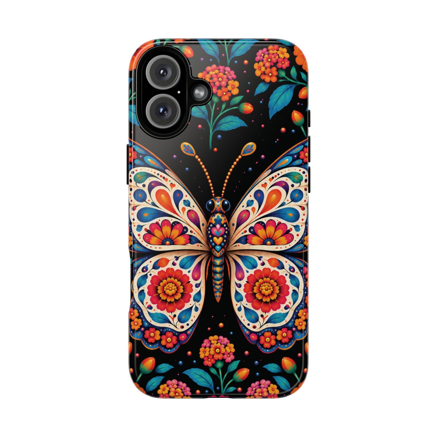 Vibrant Orange and Turquoise Calavera Butterfly Phone Case - Multicolor Phone Case - iPhone 16 Plus / Glossy