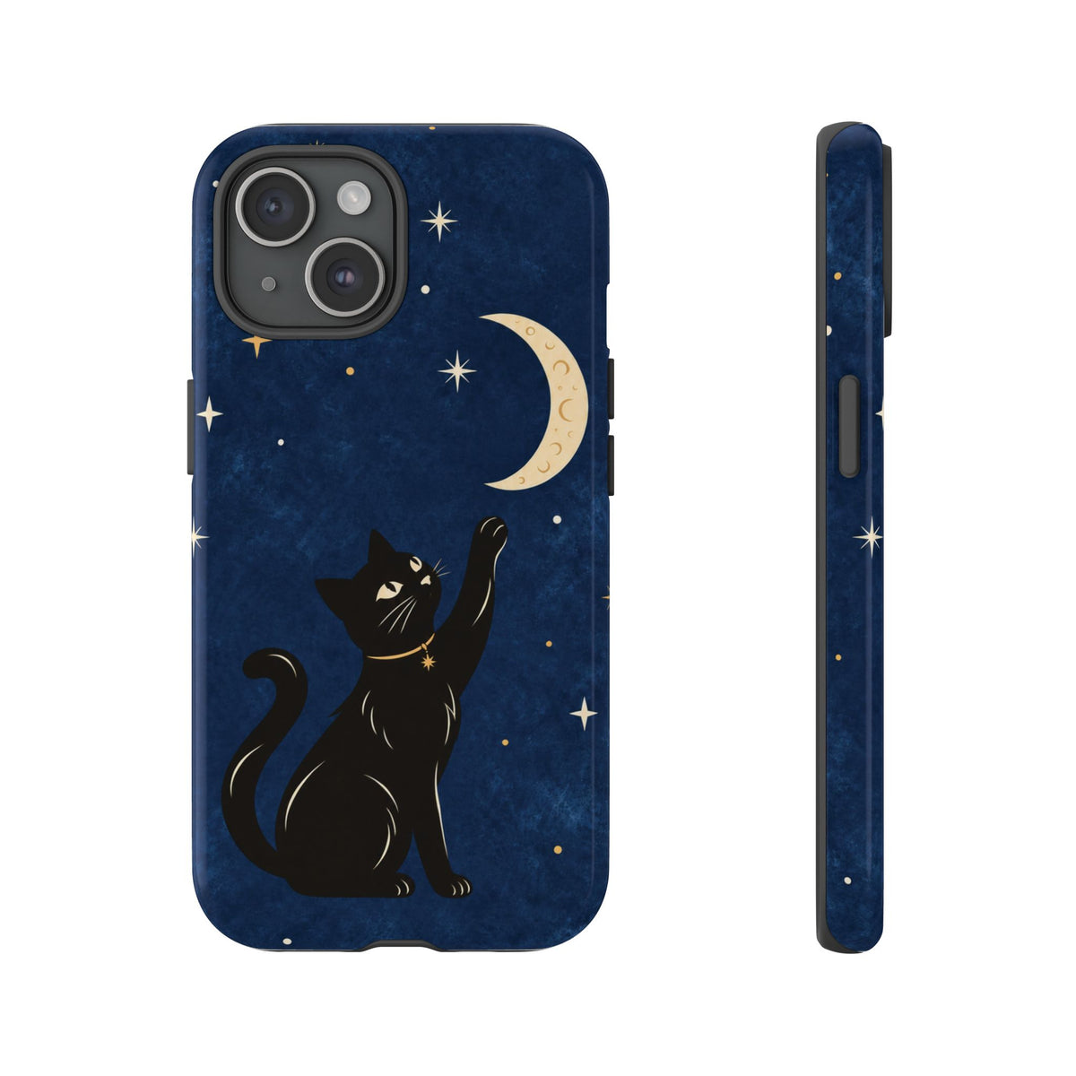 Whimsical Navy Blue Celestial Black Cat Phone Case