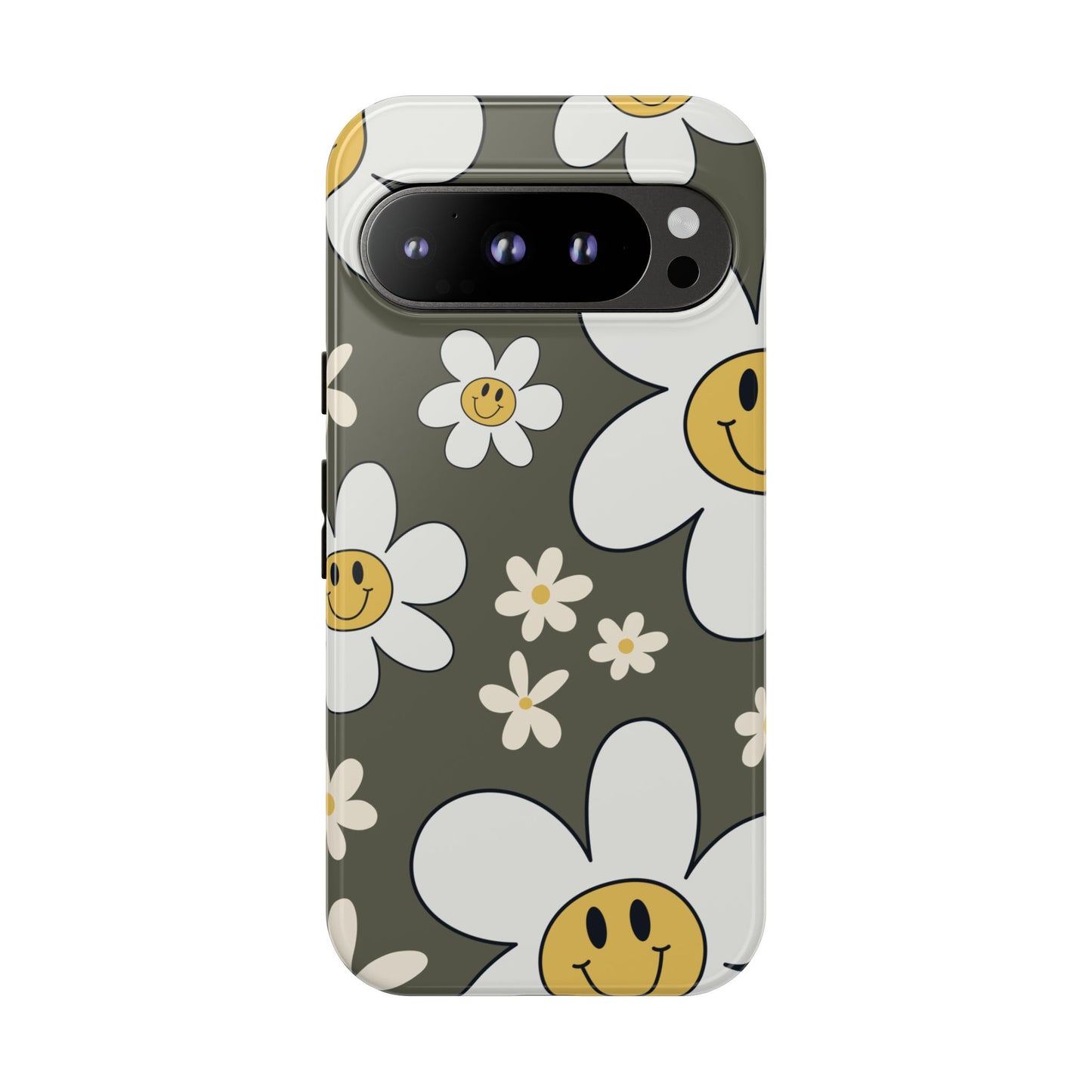 Google Pixel 9 Pro / Glossy Phone Case - Fun Retro Daisy Pattern with Olive Green Background Phone Case