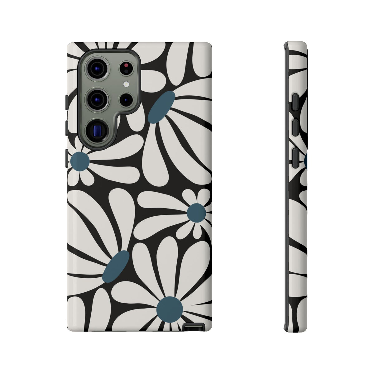 Retro Black Daisy Pattern Phone Case - Black Phone Case - Samsung Galaxy S23 Ultra / Glossy