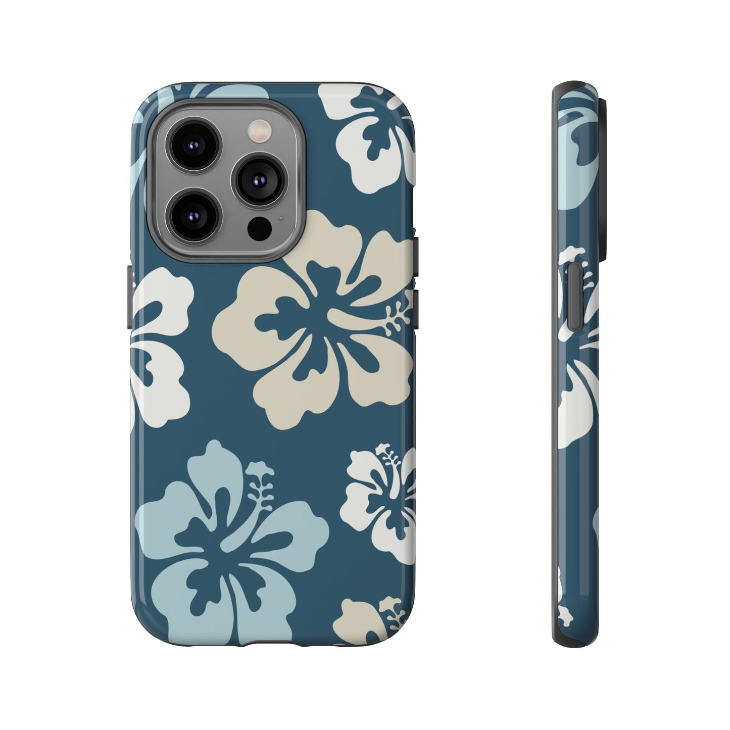 iPhone 14 Pro / Glossy Phone Case - ’Blue Hibiscus Retro Pattern #1’ Phone Case