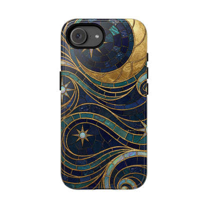 Elegant Navy & Gold Crescent Moon Mosaic Phone Case - Blue Phone Case - iPhone 17e / Glossy