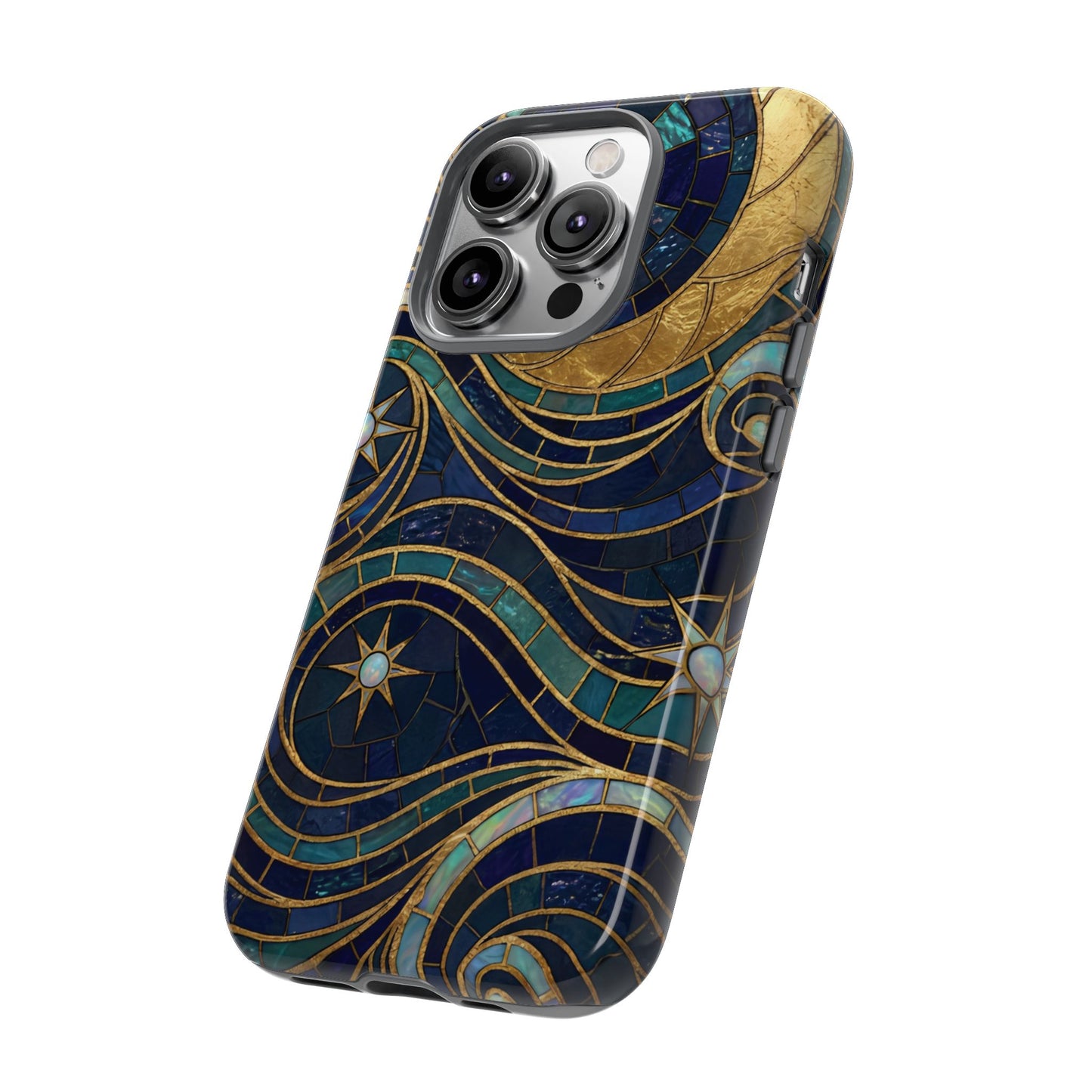 Elegant Navy & Gold Crescent Moon Mosaic Phone Case