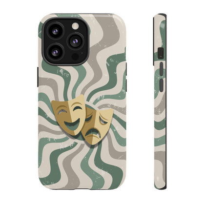 iPhone 13 Pro / Glossy Phone Case - Comedy & Tragedy Masks – Green Minimal Retro Wave Phone Case