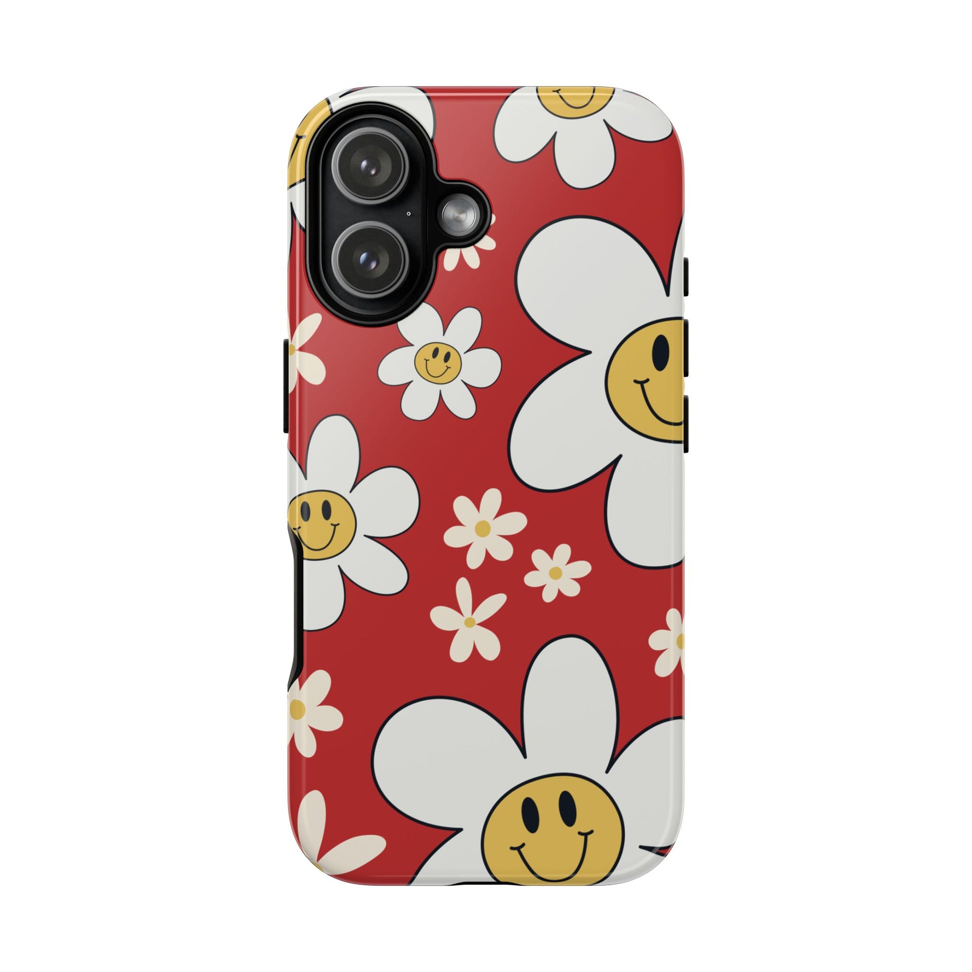 iPhone 17 / Glossy Phone Case - Fun Retro Daisy Pattern with Red Background Phone Case