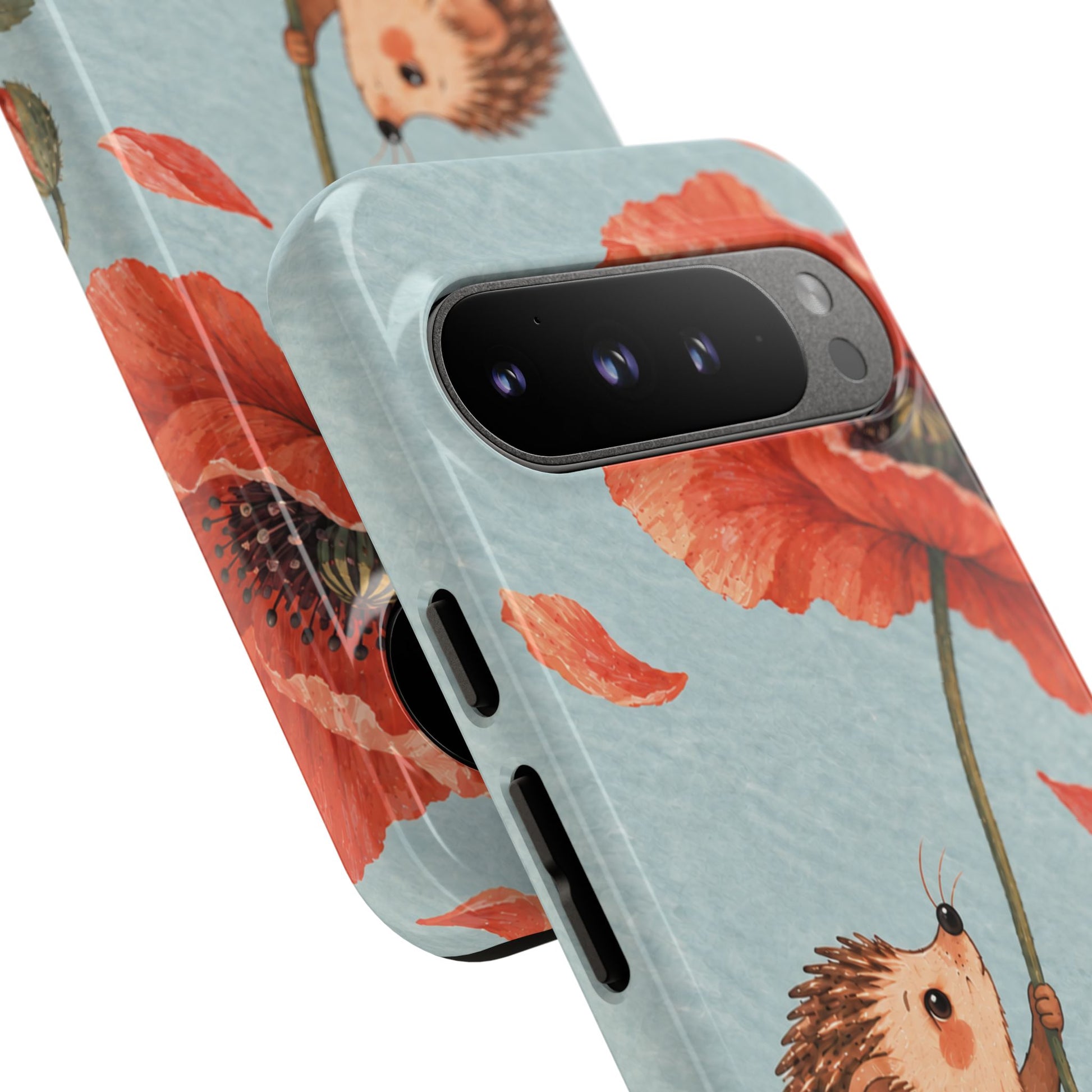 Whimsical Pale Blue Hedgehog and Poppy Phone Case - Blue Phone Case