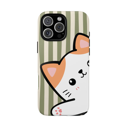 iPhone 16 Pro Max / Glossy Phone Case - Peakaboo Cat with Green Stripe Pattern Phone Case