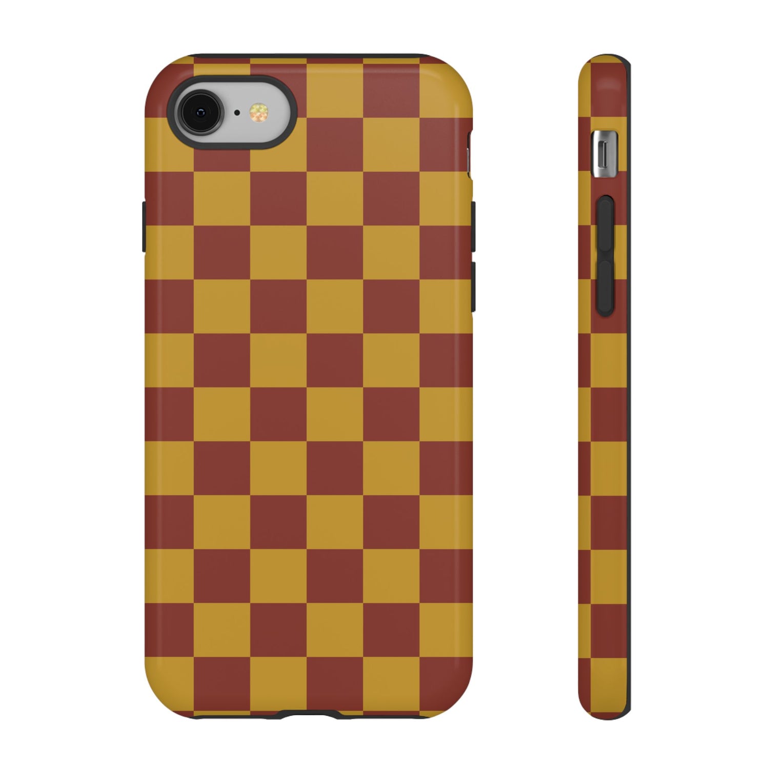 iPhone 8 / Glossy Phone Case - Trendy Mustard & Burgandy Checked Pattern Phone Case