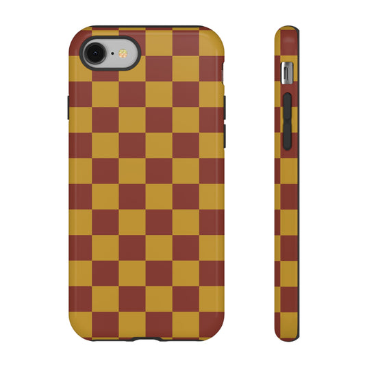 iPhone 8 / Glossy Phone Case - Trendy Mustard & Burgandy Checked Pattern Phone Case